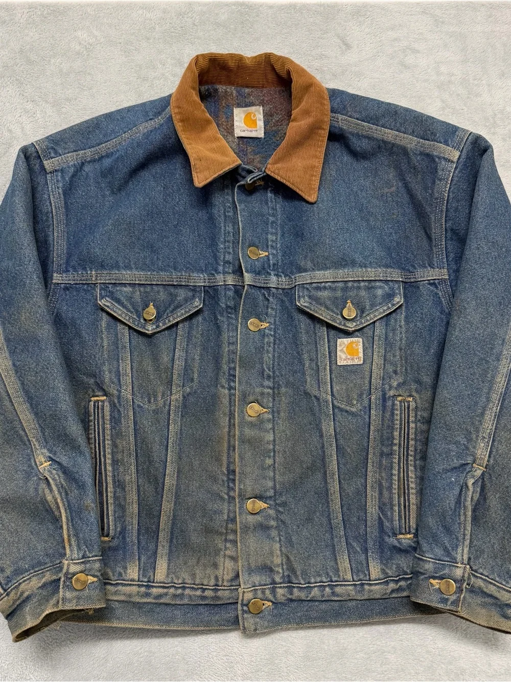 Vtg Carhartt USA Made Blanket Lined Denim Jacket Southwestern Aztec Mens Medium